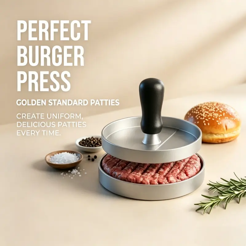 Classic Round Burger Patty Press with Detachable Top Press Plate, Non-Stick Coating Prevents Meat Sticking, Perfect for Beef Burgers, Sausage Patties and Grilled Dinner Dishes
