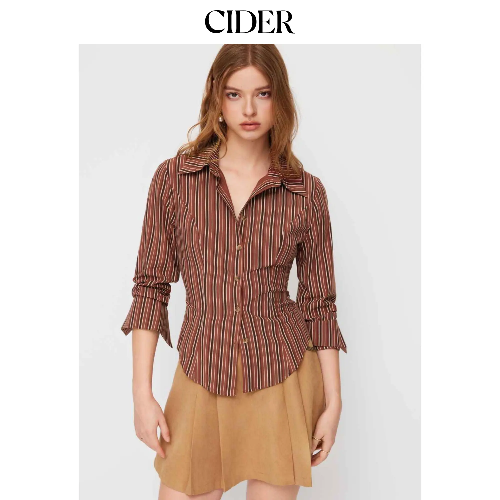 Cider Collar Stripe Curved Hem Roll up Long Sleeve Blouse
