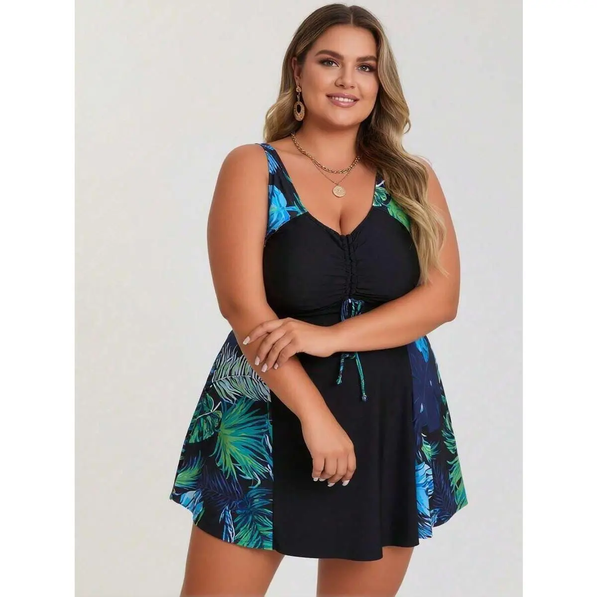 Plus Size Knitted Fabric 2-Pieces Swimdress Set - Boho Tropical Print High Waisted Bikini with Push Up V-Wired Knot Front Top, Long Dress Tropical Clothing for Curvy Women