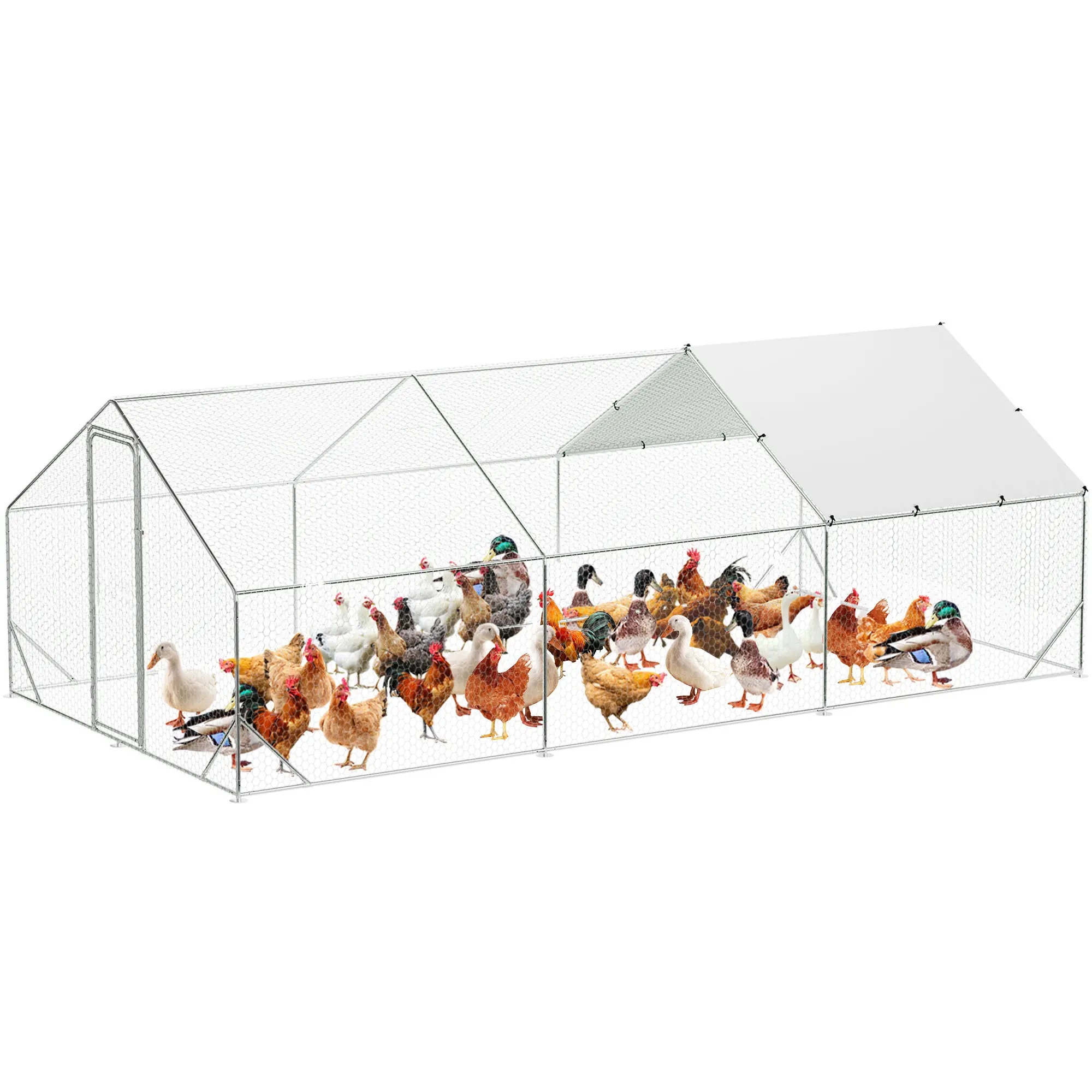 GAOMON Metal Chicken Coop, 9.8x6.5x6.5 Ft Spire-Roof Poultry Cage with Waterproof and Anti-Ultraviolet Cover for Outside, Galvanized Steel Outdoor Chicken Pen for Backyard Farm Garden