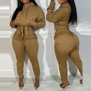 Womens 2 Piece Outfits Lounge Hoodie Shirred Waist Pocket Design Sweatshirt Cuffed Jogger Sweatpants Tracksuit