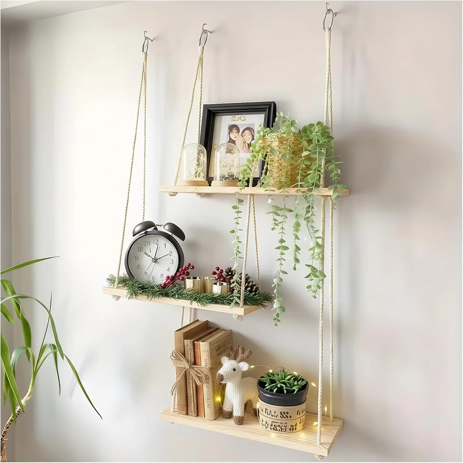 3-Tier Boho Hanging Shelves for Wall - Rustic Floating Wood Shelves with Rope, Macrame Plant Shelf Organizer for Home Decor - Farmhouse, Bohemian Style for Bedroom
