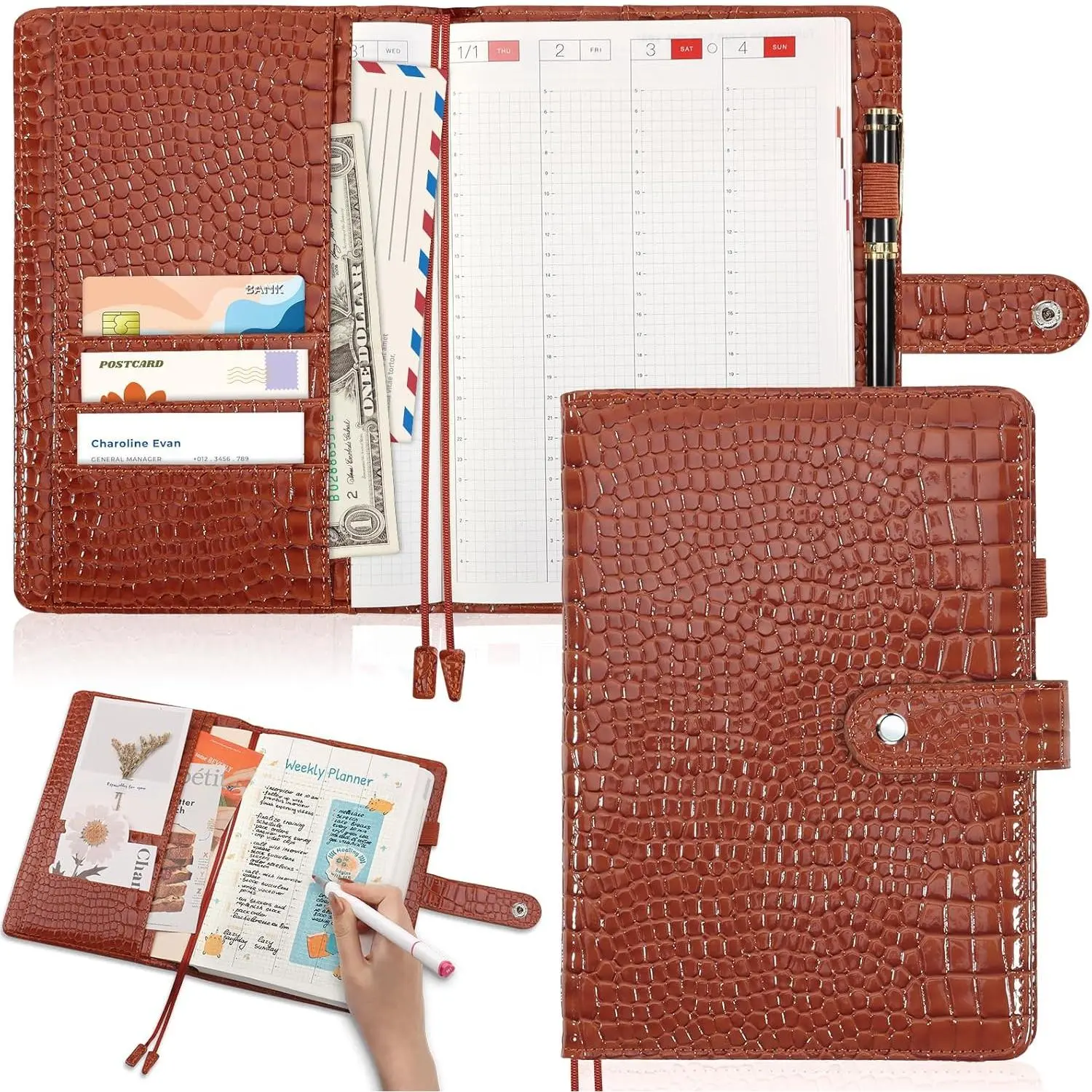 PU Leather Cover for A5 Notebooks Brown Planner Cover Compatible with Hobonichi Cousin Stalogy and MD A5 Journal Cover with Pen Loop Pockets for Refillable Notebook Planner