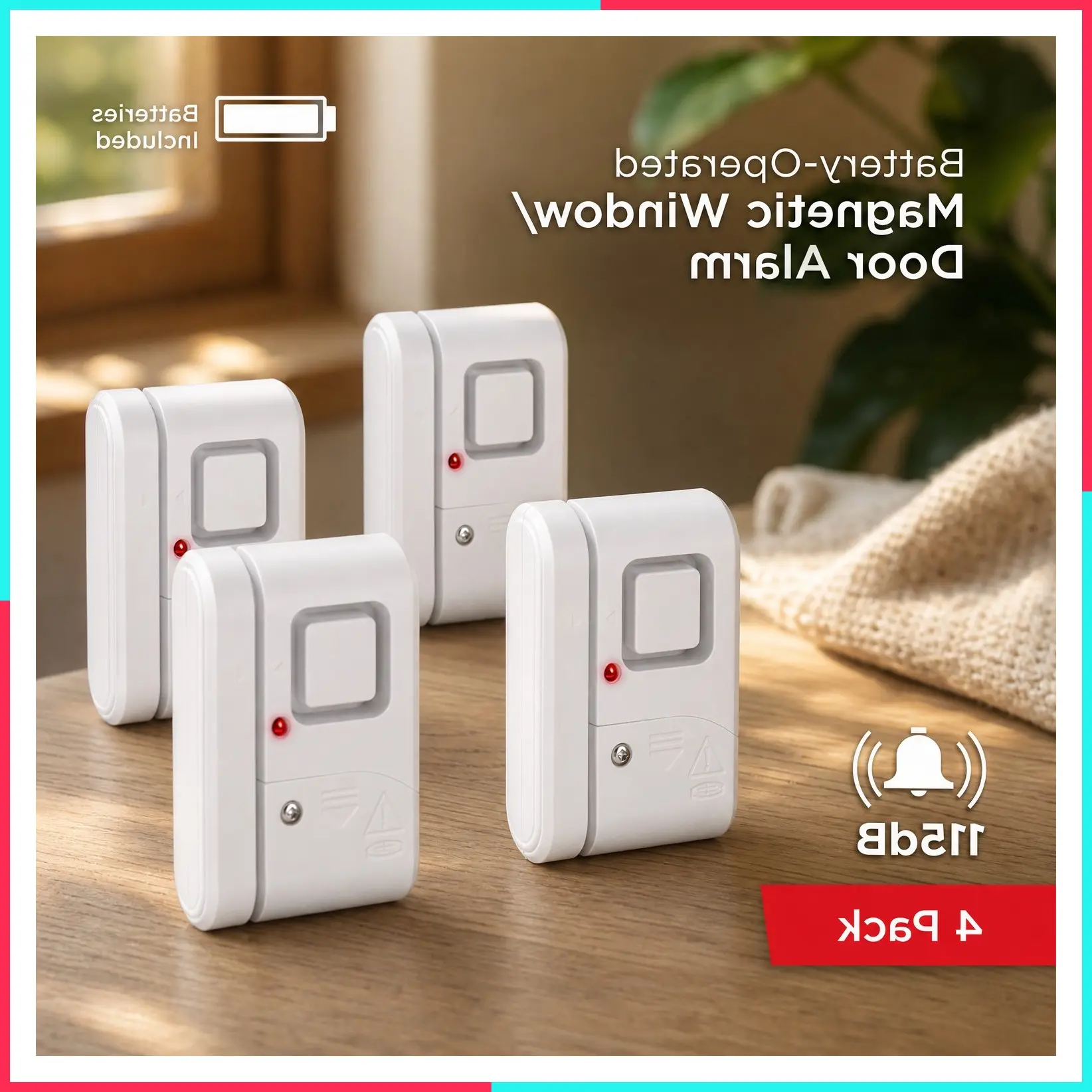 Personal Security Window and Door Alarm, 4 Pack, Wireless Chime | DIY Protection, Burglar Alert, Home Security, Ideal for Home, Garage, Apartment and More