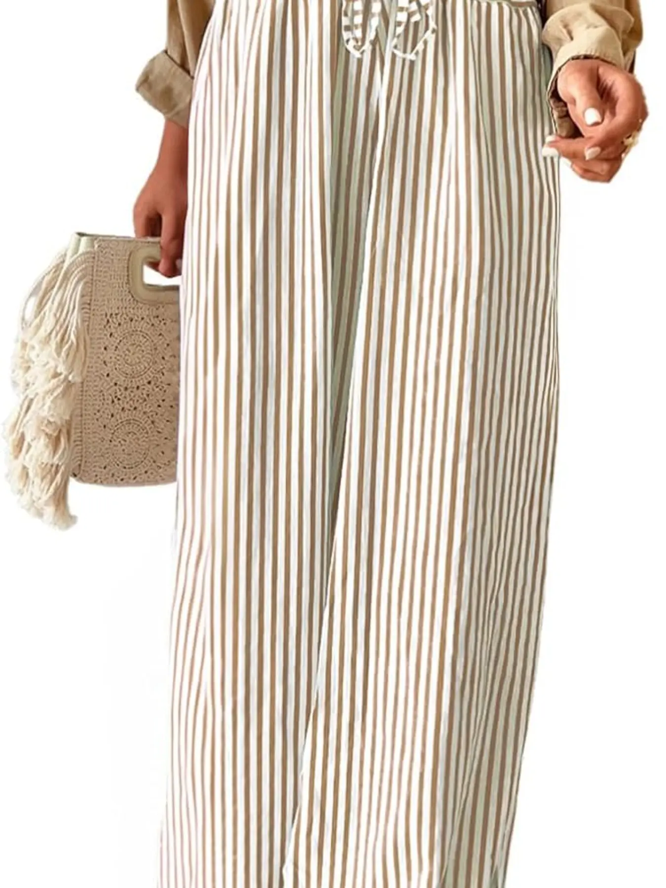 Women's Loose Striped Pocket Pants, Elastic Waist Casual Drawstring Long Pants, Wide Leg Trousers for All Seasons Bottom