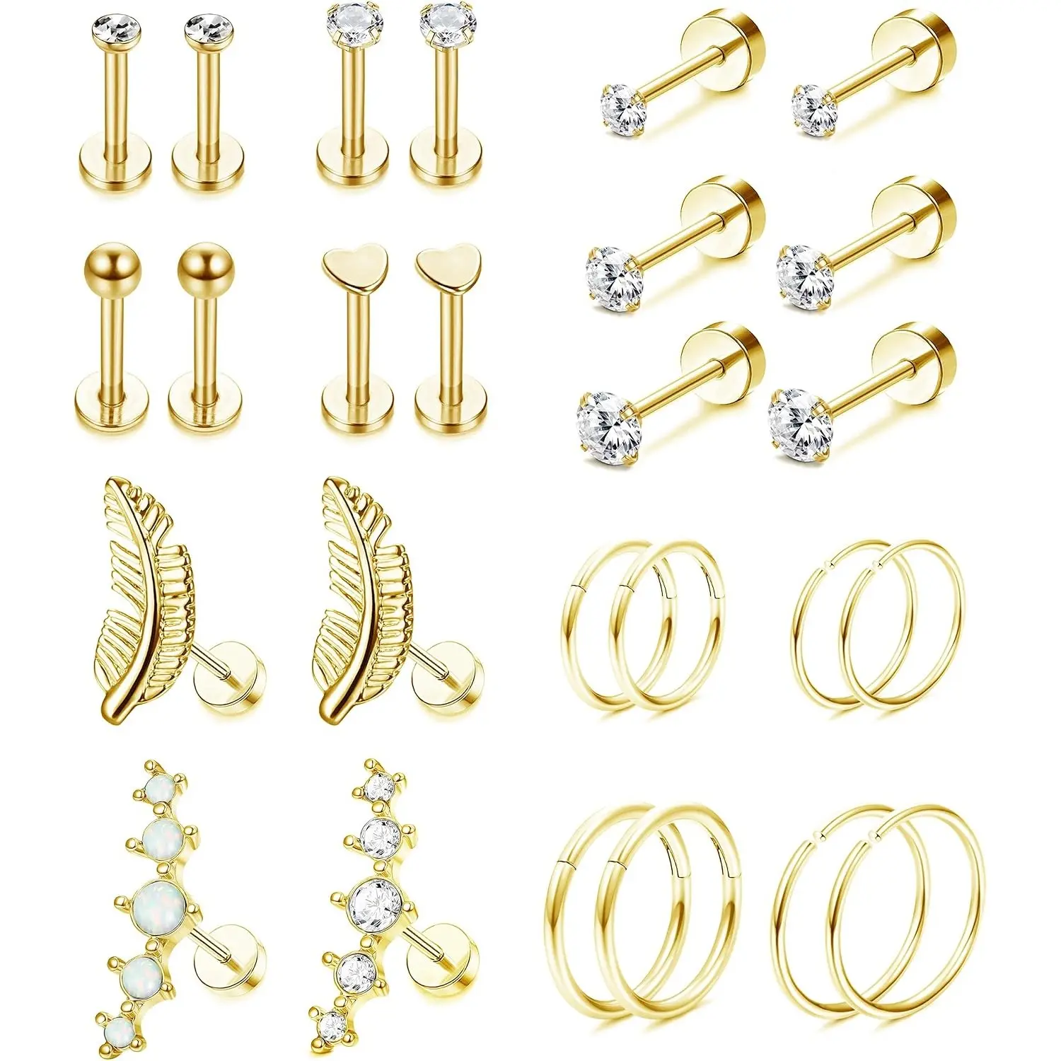 26 Pcs 16G Stainless Steel Cartilage Earring Tragus Helix Barbell Hoop Earrings Heart Feather Cubic Zirconia Inlaid Stud Earring Set for Men Women