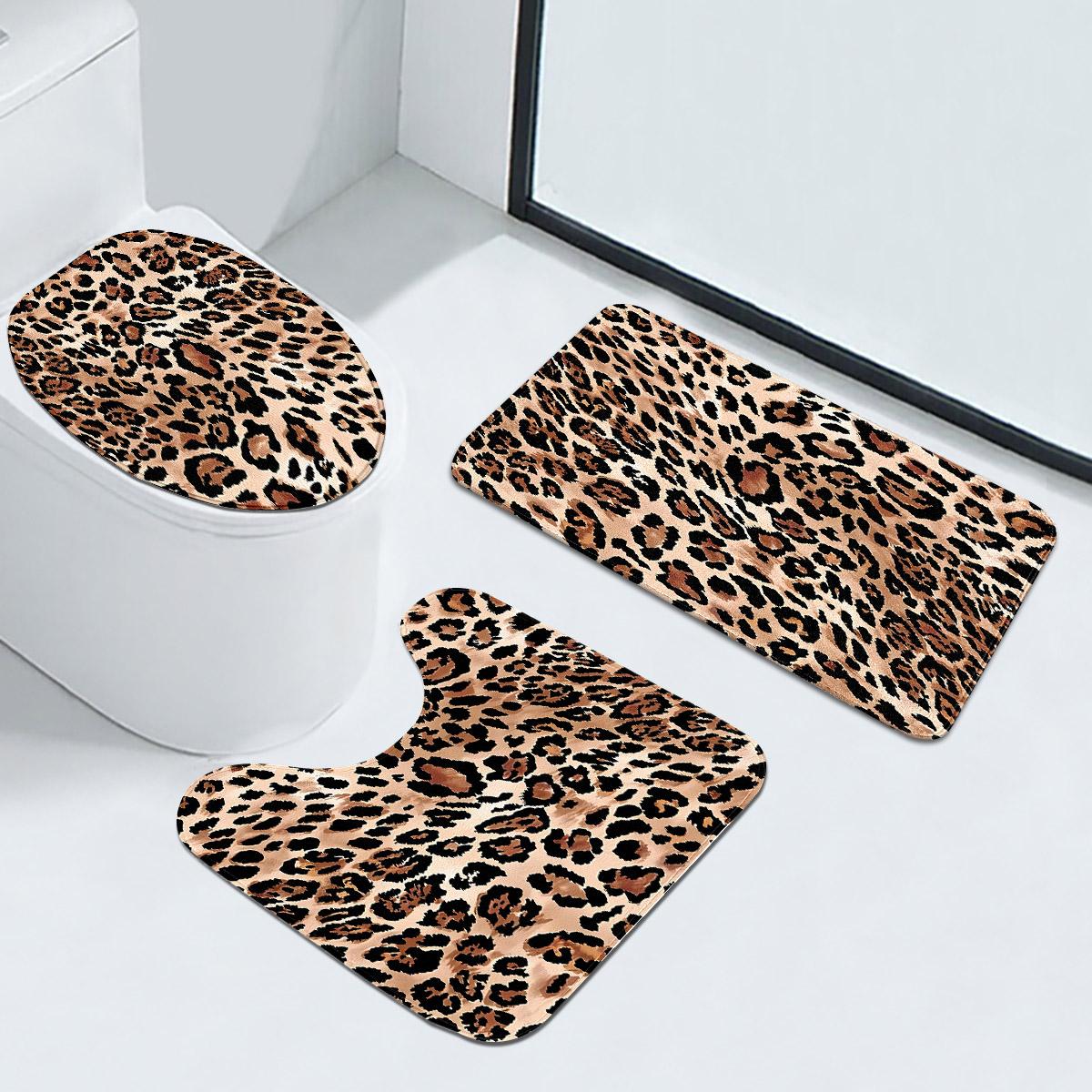 3-Piece Leopard Pattern Imitation Cashmere Bathroom Set—Soft & Anti-Slip, Suitable for Living Room, Bedroom, Bathroom, Kitchen, Multiple Sizes Available, Bath Mat Set, Bathroom Floor Mat, Bathroom Toilet Mat