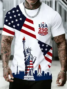 Men's Round Neck Short Sleeve T-Shirt, Usa 250th Anniversary Liberty Statue Flag City Building Print, Soft Breathable Summer Casual Tee