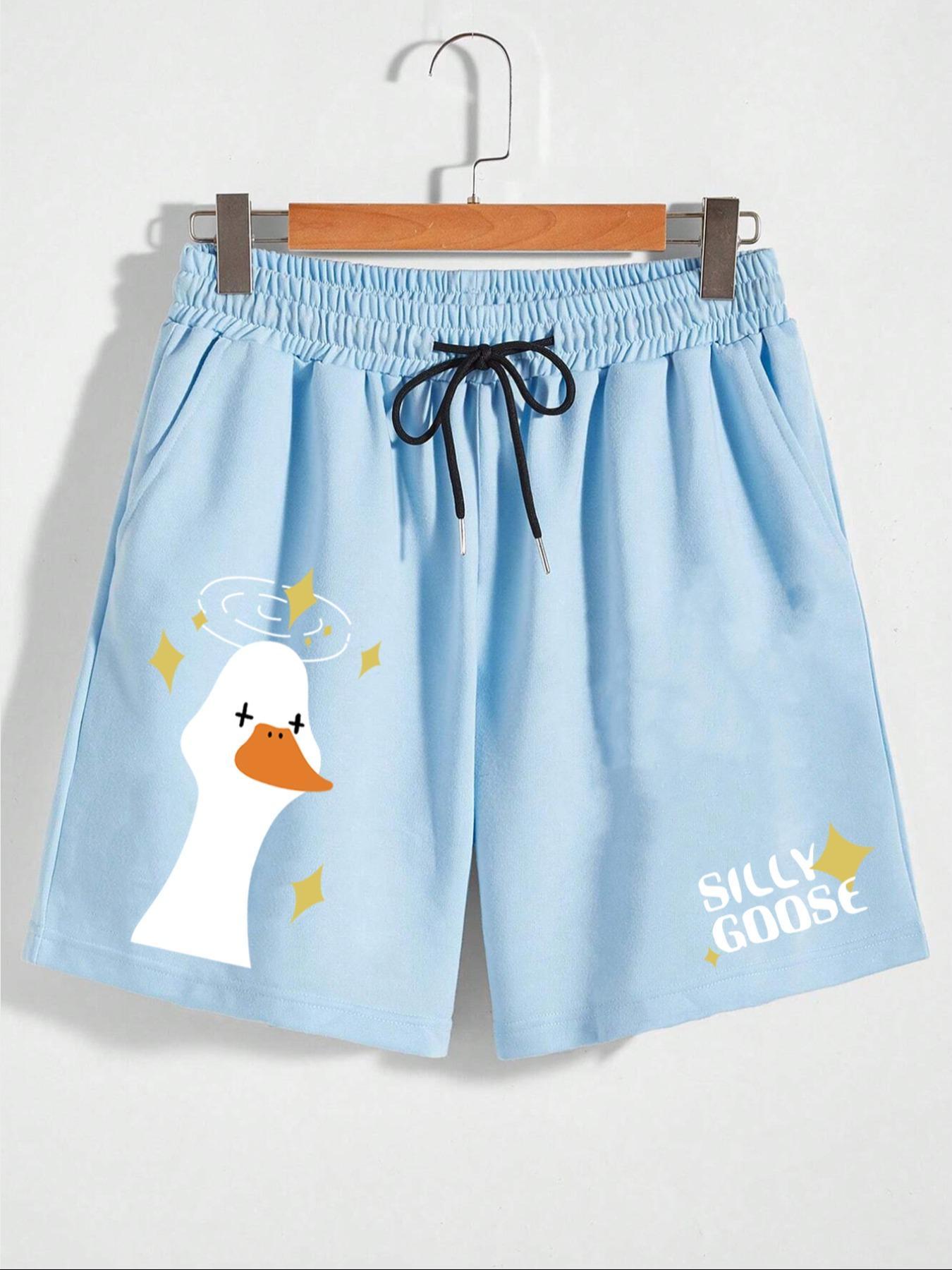 Men's Cartoon Goose & Letter Print Drawstring Sleep Shorts, Regular Fit Casual Comfy Elastic Waist Pocket Bottoms for Daily Wear, Sleepwear Loungewear for All Seasons, Pajama Shorts
