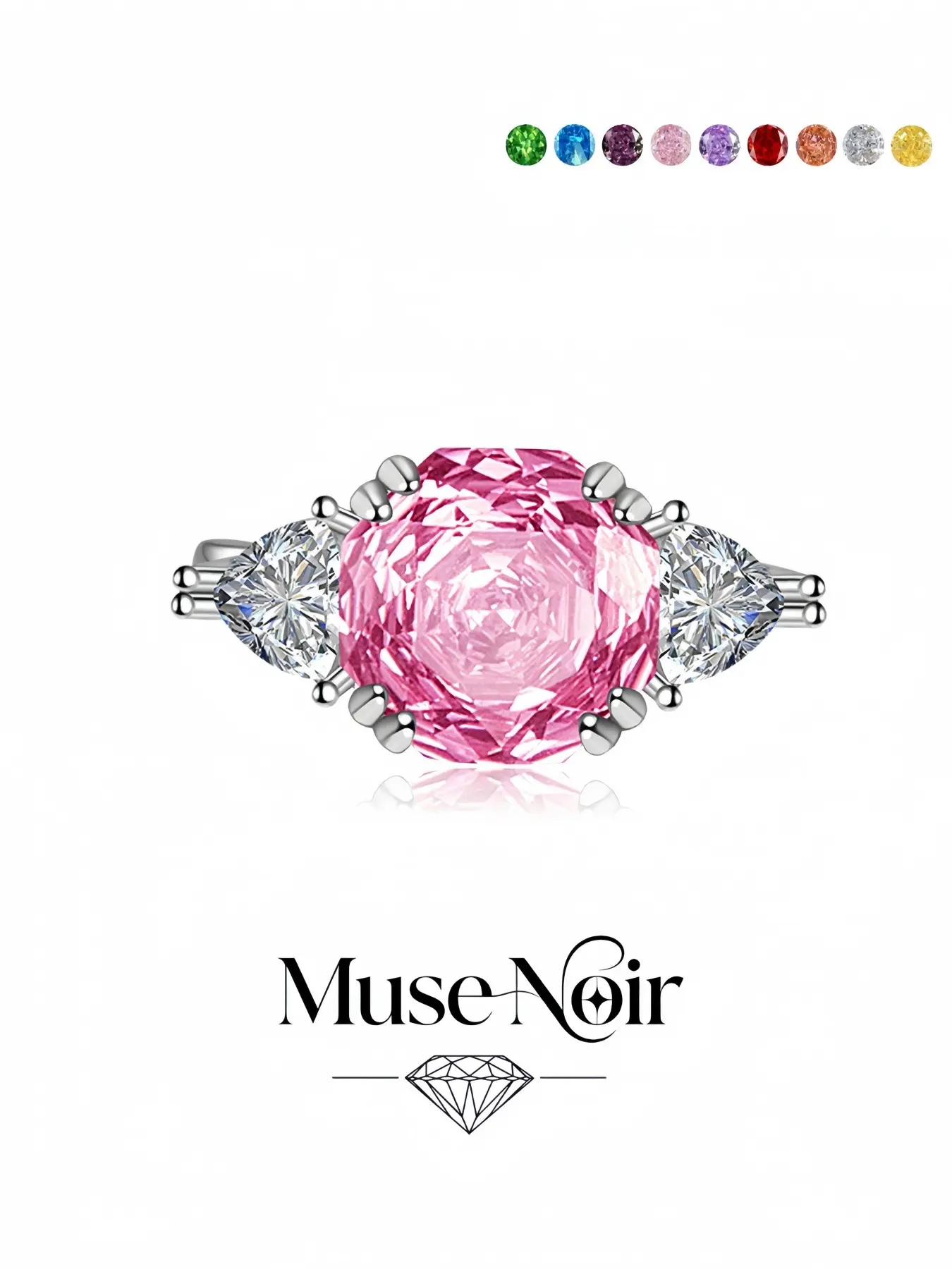 "Pink Peach Three Stones" Luxury pink high-carbon diamond ring with dazzling ice flower cut and adjustable band. Ideal gift for dates and weddings, great for daily wear, vacations and formal dinners.