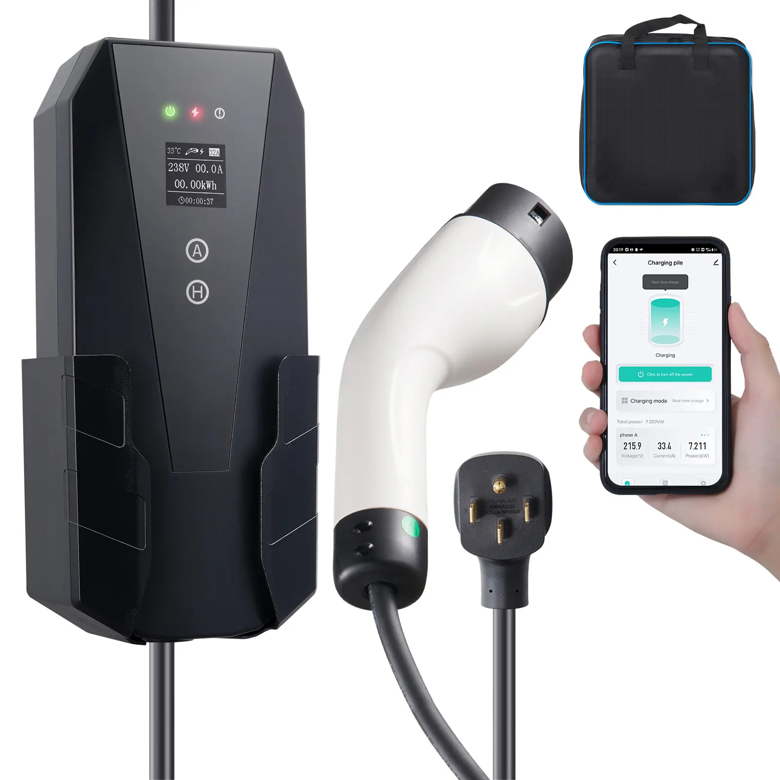 Level 2 Portable EV Charger, 32 Amp 240V, Electric Vehicle Charger with 28 ft Charging Cable NEMA 14-50P Plug, 16/20/24/32A Adjustable Current Plug-in Home EV Charging Station for SAE J1772 EVs