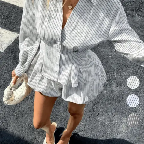 Women's Striped Waist Cinch Long Sleeve Shirt and Shorts Set, Two-Piece for Casual Wear, Comfortable Casual Outfit Set Shorts Matching Sets