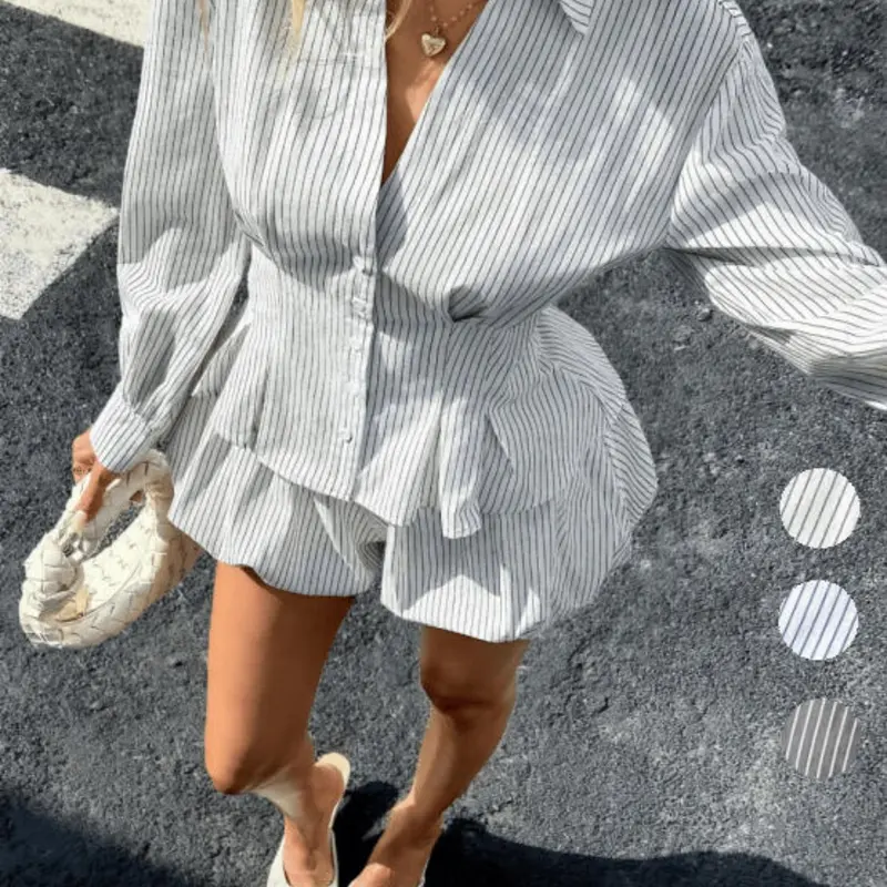 Women's Striped Waist Cinch Long Sleeve Shirt and Shorts Set, Two-Piece for Casual Wear, Comfortable Casual Outfit Set Shorts Matching Sets