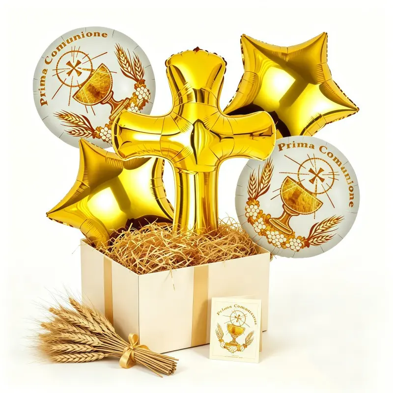 5 Cross Eucharist Memorial Foil Balloons, Holy Grail Wheat Pattern Round Star Balloons, Birthday Catholic Baptism Decorations