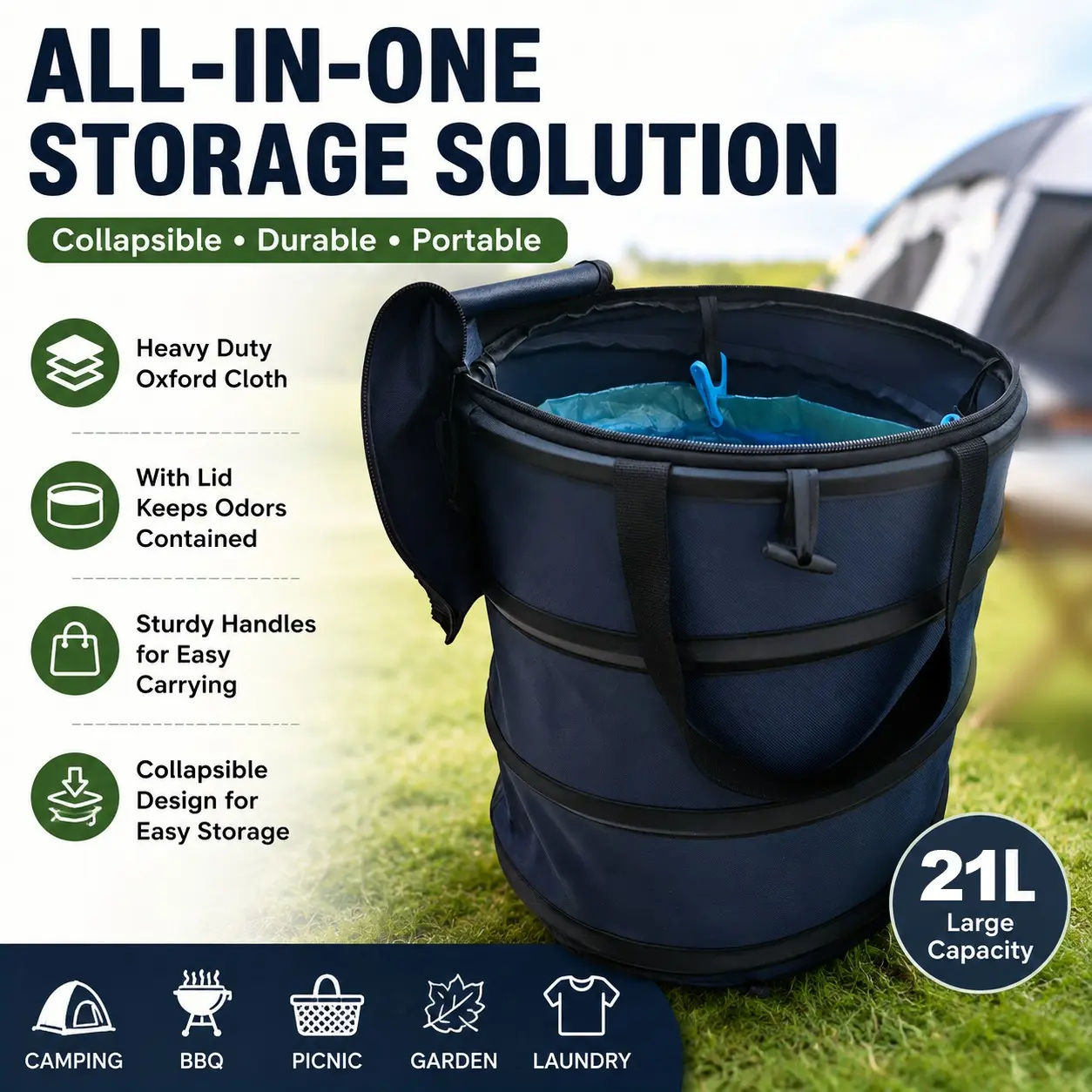 Heavy Duty Collapsible Portable Trash Can with Lid, Foldable Oxford Cloth Storage Bin for Camping, Picnic, Gardening, Yard Waste, Laundry