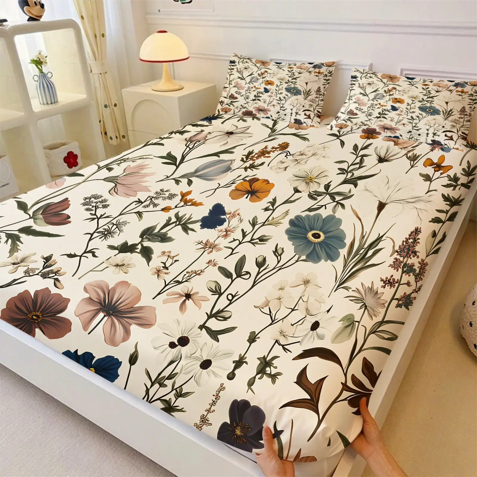 3PCS Vintage Watercolor Wild Floral Fitted Sheet Set, Floral Sheets (1 Fitted Sheet + 2 Pillowcases),Soft Breathable Skin-Friendly Fabric,Home Dorm High-Definition Digital Printing,Luxurious Farmhouse Theme Bedding,Vintage Floral Summer Vibes