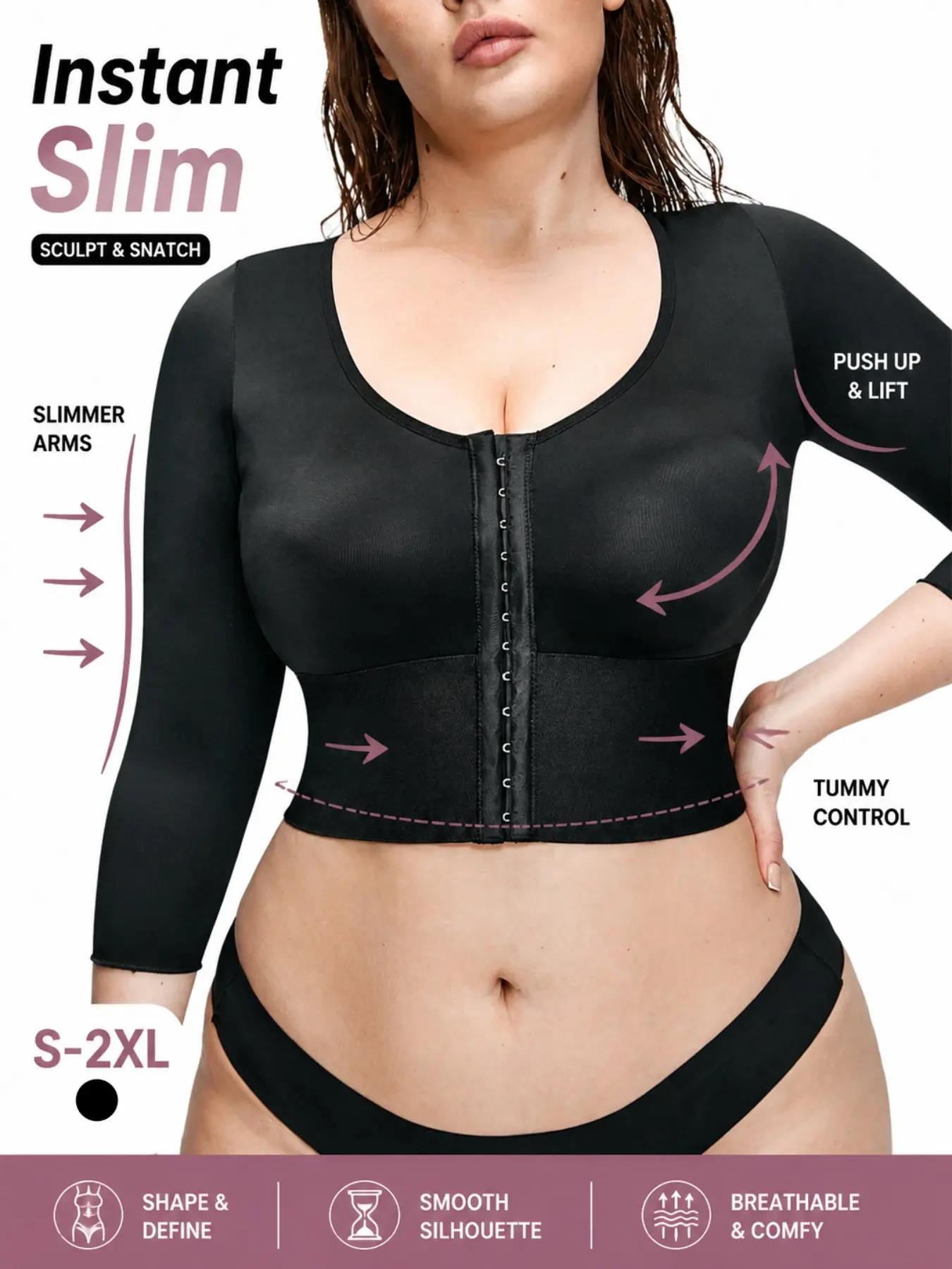1 Count Women's Light Compression Versatile Multi Sizes Tummy Control Front Hook Adjustable 3/4 Sleeve Crop Top Curve Shapewear Soft Stretch