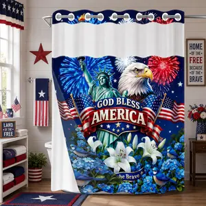 4th of July Hookless Shower Curtain with Snap-in Liner, Patriotic American Flag Eagle Statue of Liberty Fireworks Print, Waterproof Washable Double Layer Bathroom Curtain with See Through Top Window, 71in×74in