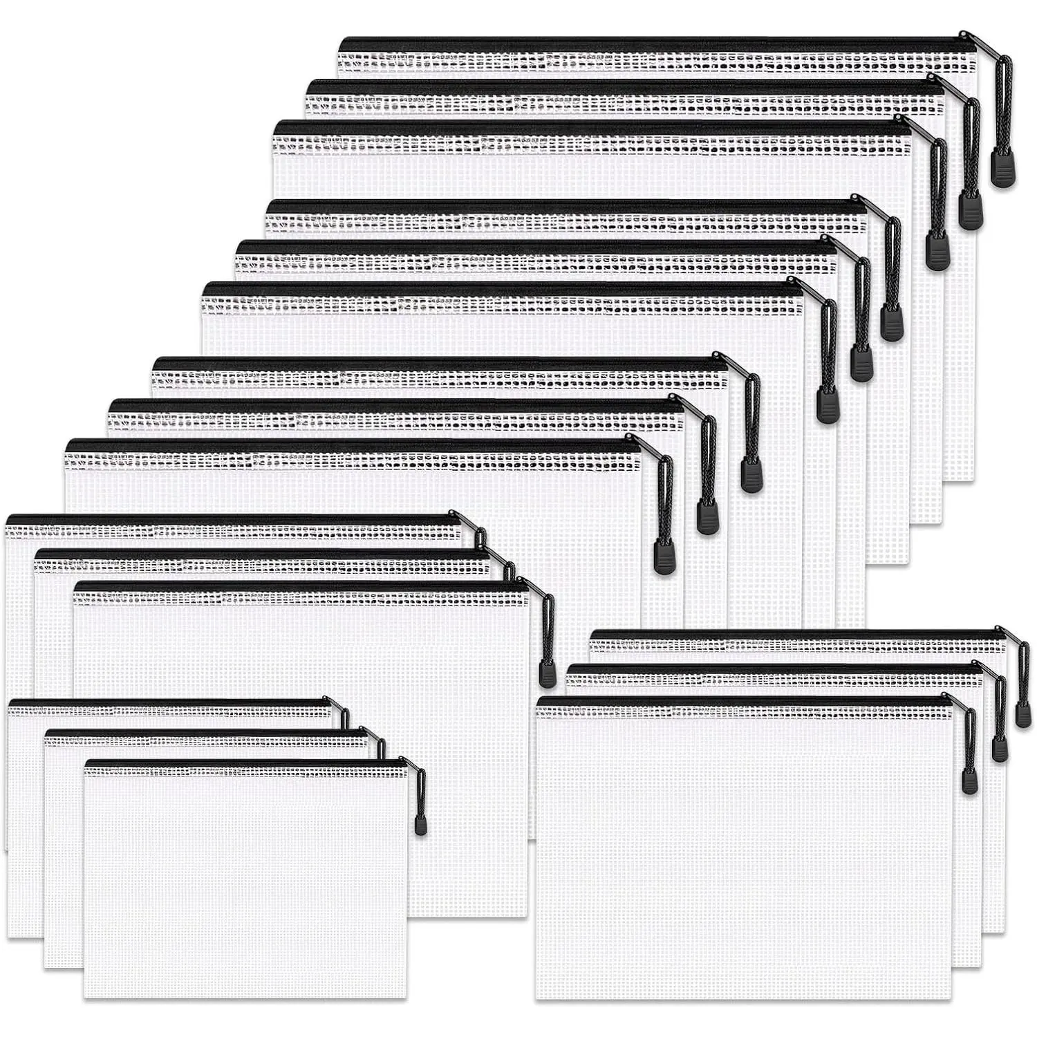 56-Pack Clear PVC Mesh Zipper Storage Pouches in 7 Assorted Sizes – A3/A4/A5/A6/B4/B5/B6 Waterproof Zipper File Bags, Multipurpose Document Organizers for School & Office Use