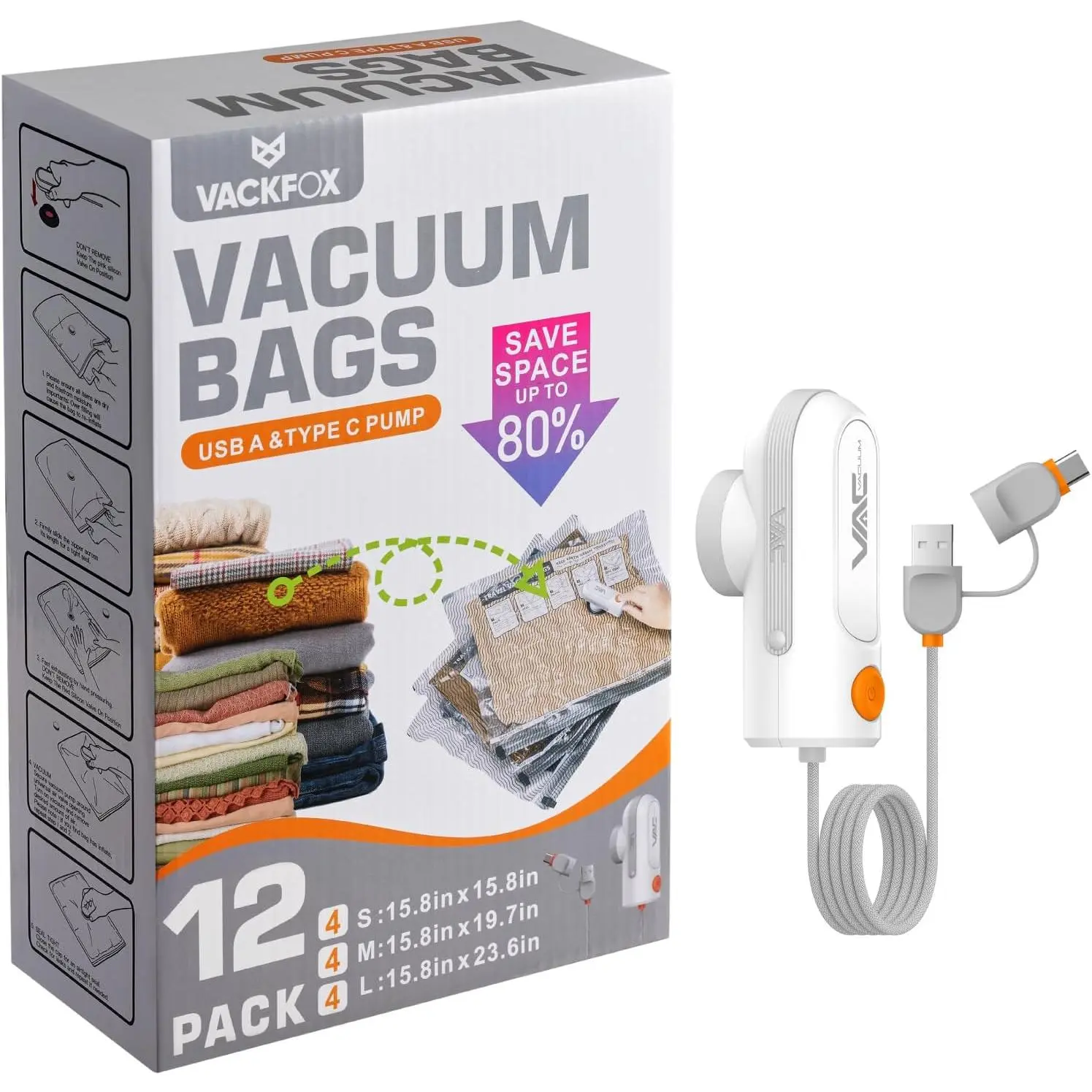 12 Pack Vacuum Bags for Travel with USB & TYPE C Pump,Compression Packing Cubes for Luggage,Carry-on Saver Vacuum Seal Bags&Vacuum Bags for(Grey)