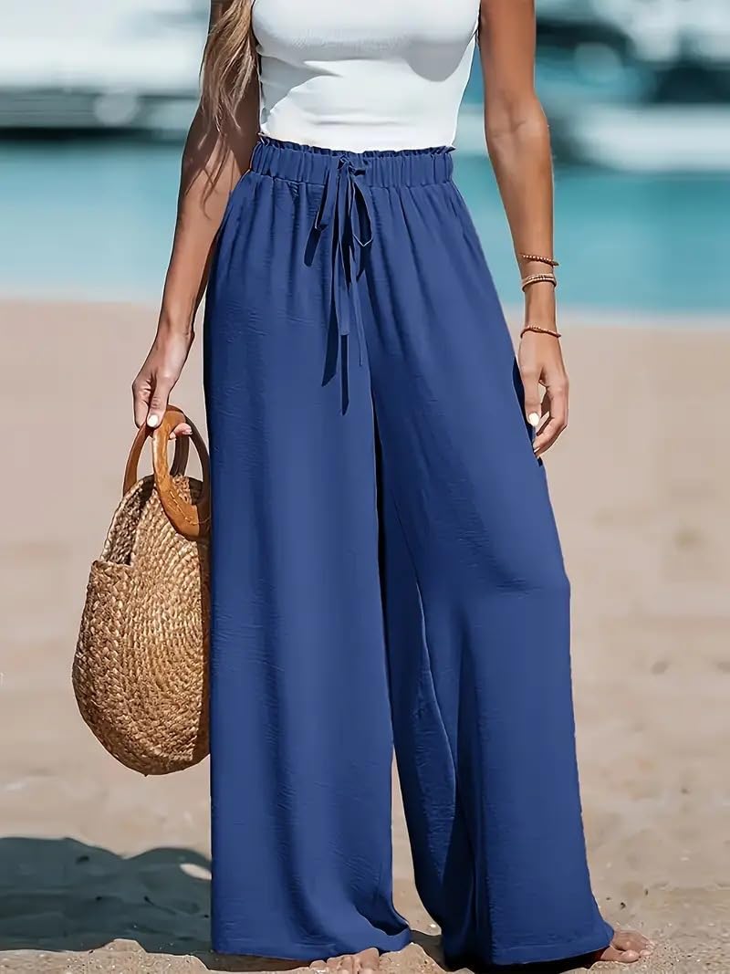 Womens Wide Leg Pants High Waisted Trousers Linen Palazzo Loose Fit Lounge Beach Flowy Pants