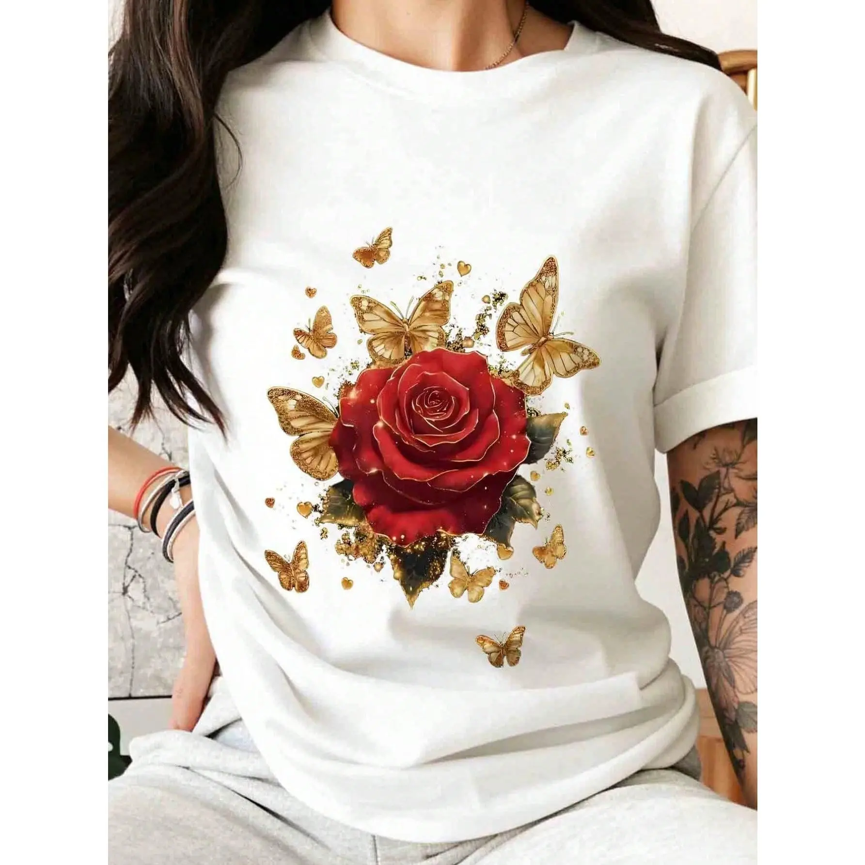 Red Rose And Butterflies Floral Design Women's Casual T-Shirt Summer Fashion Top For Nature Lovers Garden Party Outfit Gift For Her