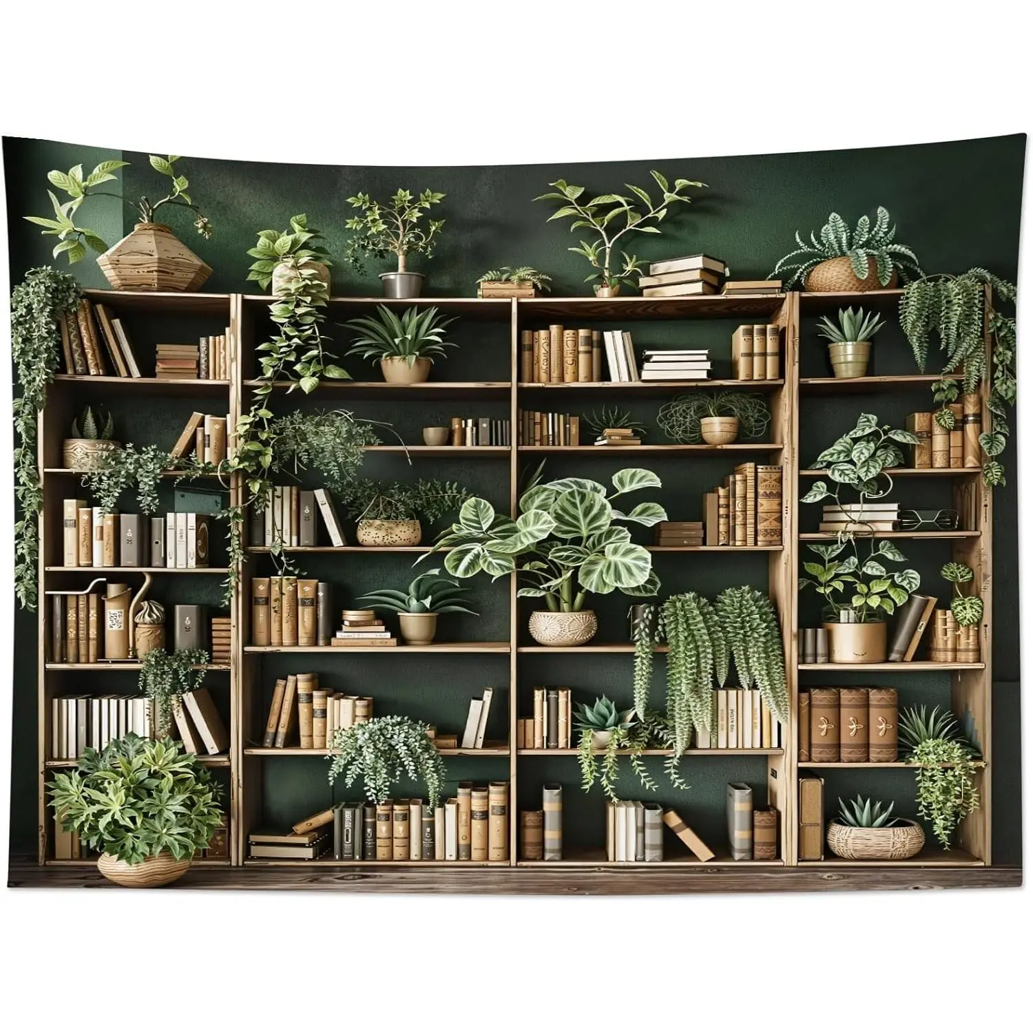 Green Plant Bookshelf Tapestry Book on Bookshelf and Plant Potted Tapestry Wall Hanging Reading Wall Art Decor for Study Room Bedroom Living Room College Dorm