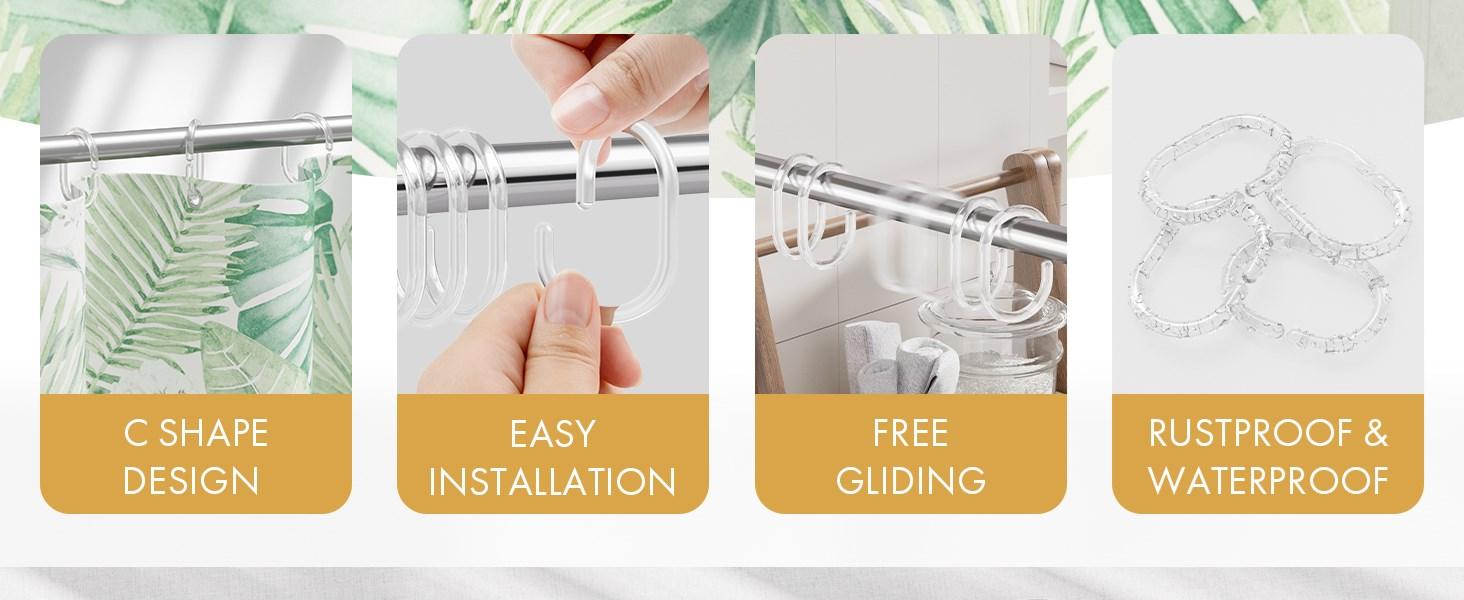 Plastic Shower Curtain Rings, Shower Curtain Hooks, 24 Pcs C Shaped Shower Hooks for Shower Curtain, Clear Shower Curtain Hooks for Bathroom