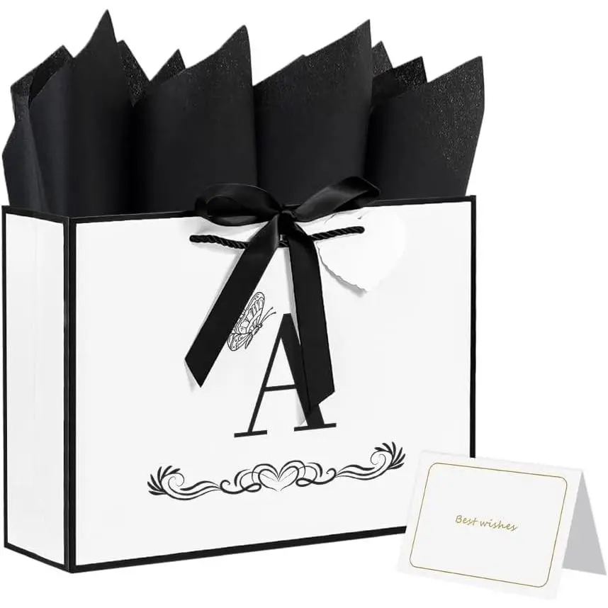 Initial  Bag with Bow Ribbon 13" Large   Personalized Monogrammed Paper Bag with Cards Tissue Paper Elegant Memorial Day Anniversary Present Happy Birthday Present for Women Men (A)