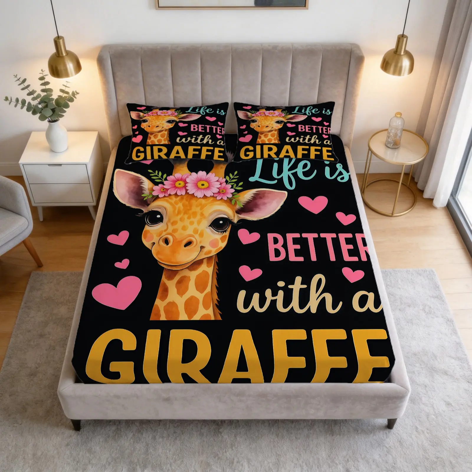 3-Piece Giraffe Patterned Bed Sheet Set, Soft And Comfortable Bedding Set (1 Bed Sheet And 2 Pillowcases, Excluding Pillow Core), Suitable For Teenagers And Adults, Bedroom, Apartment, And Guest Room Scenes