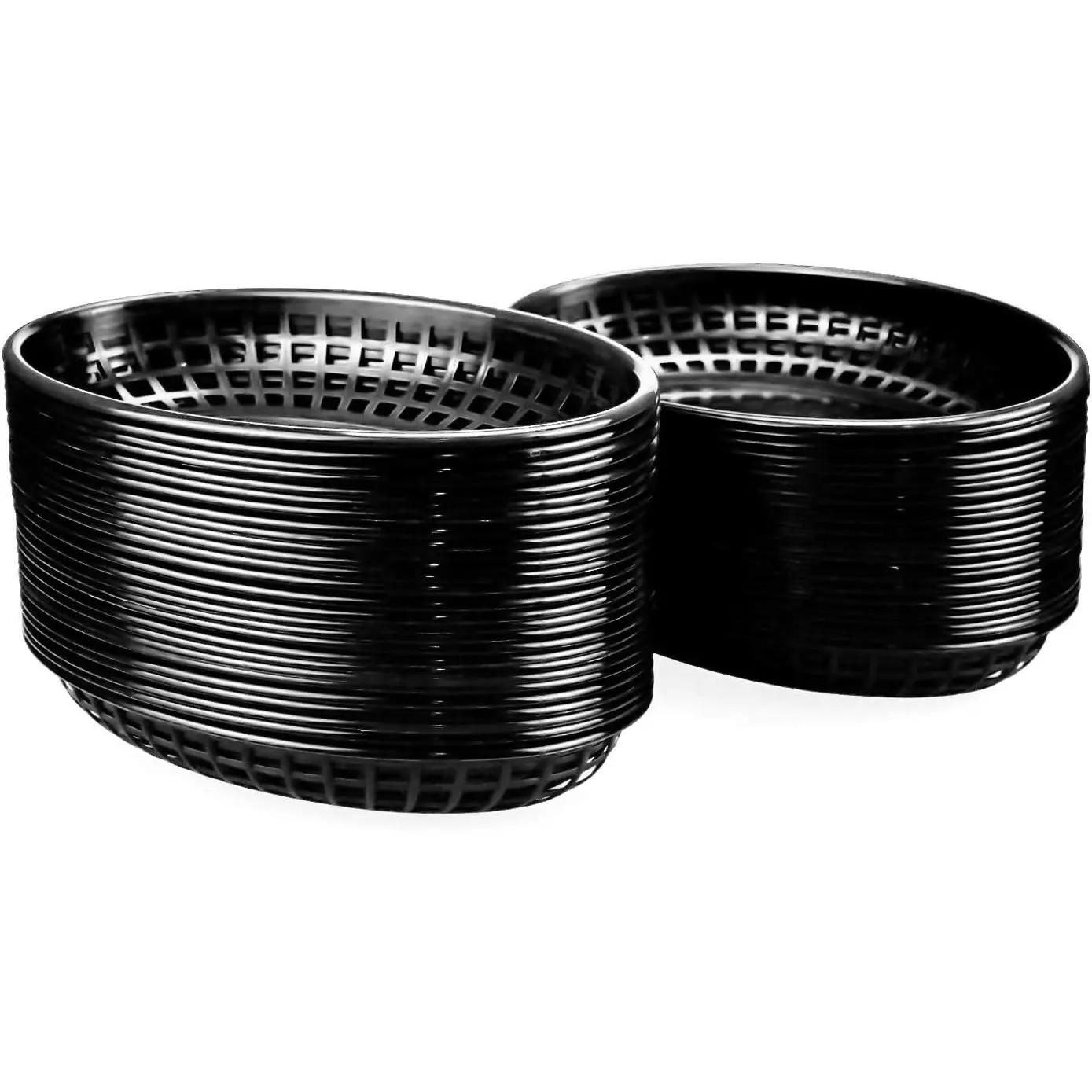 50 Pack Black Oval Plastic Fast Food Baskets, Food Serving Trays for Sandwiches, Burgers, Nachos, Fries, Hot Corn Dogs, 8-7/8" x 5-5/8"