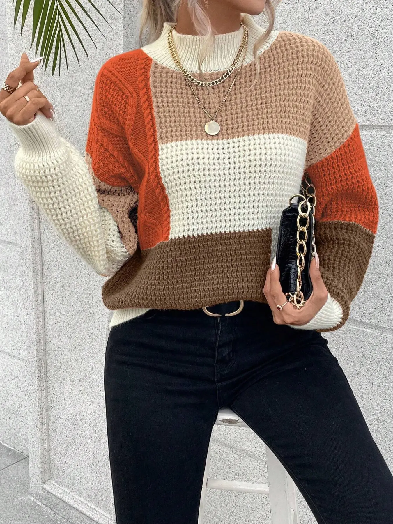 Vintage Earth Tone Color Block Knit Sweater, Multi-Weave Patchwork Half High Neck Lazy Long Sleeve Oversized Pullover, Cozy Casual Wear