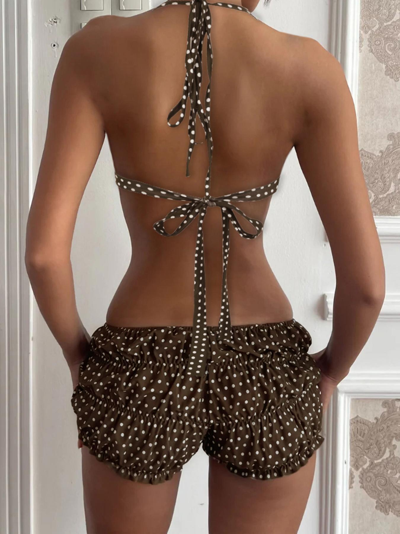 Two-piece Set Women's Polka Dot Print Bikini Set, Casual Fashion Chic Swim Top & Swim Shorts Two-piece Swimsuit for Summer, Ladies Swimwear for Beach Holiday Vacation, Ruched Swim Bottom