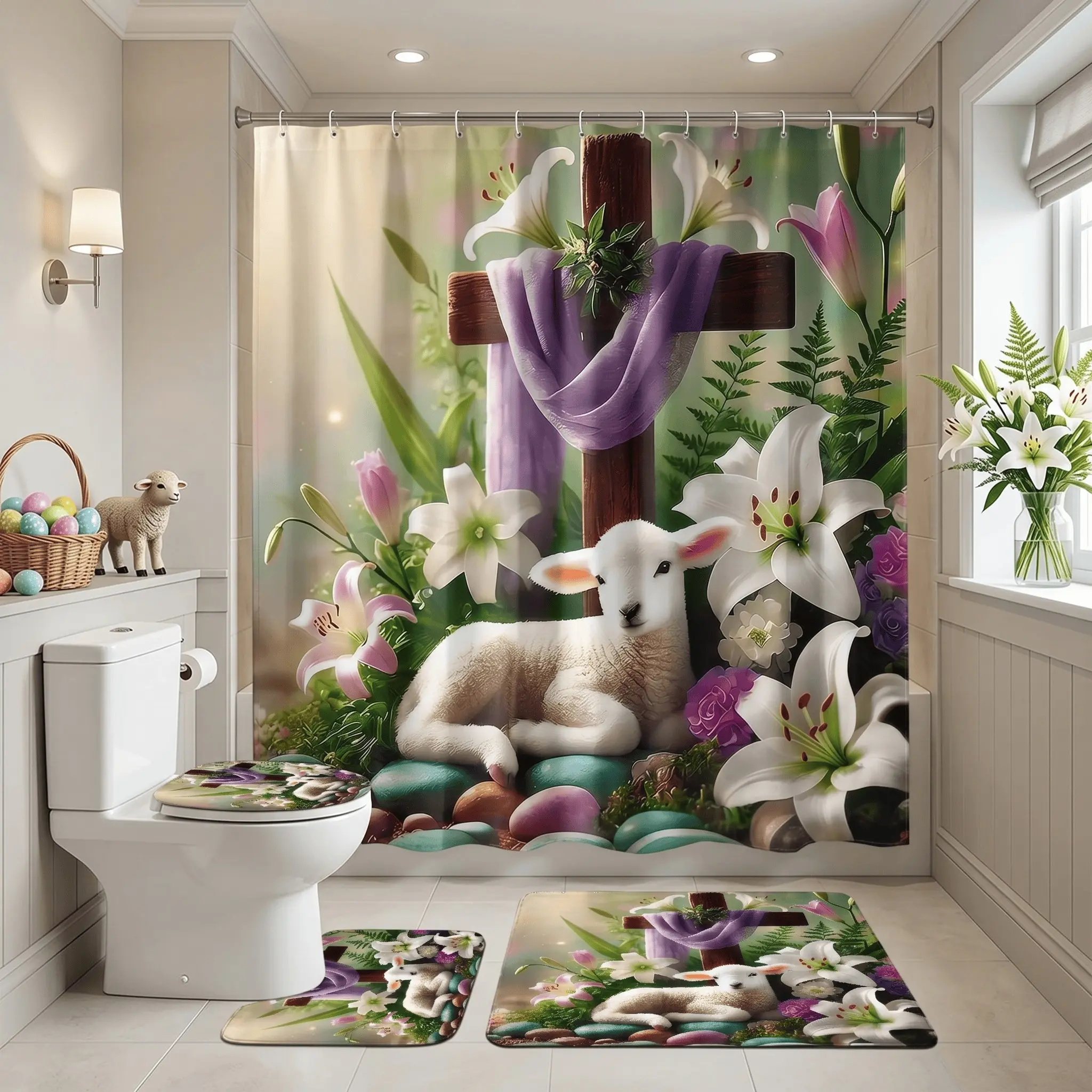 4pcs Easter Shower Curtain with Lilies & Colorful Eggs, Thick Soft Fabric, Ideal for Easter Decor & Church Holidays