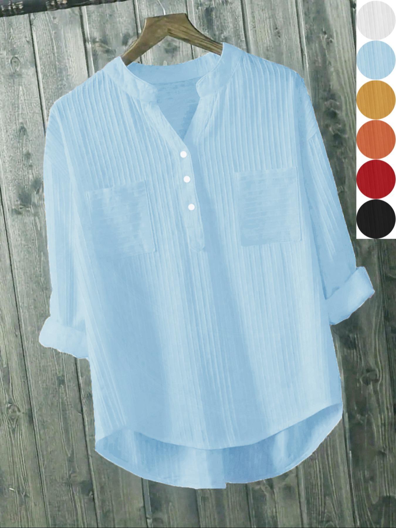 Women's Plain Button Front High Low Hem Shirt Blouse, Casual Long Sleeve Notched Neck Top for Daily Wear, Ladies Clothes for All Seasons