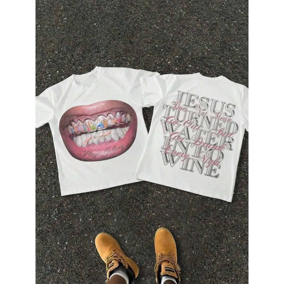 Realistic Diamond Grillz Lips Biblical Print Sleeve Crew Tee, Jesus Wine Slogan Short  Playful Religious Hip Hop Aesthetic Fashion Outdoor Summer Vacation Unisex T-Shirt Men Women Wear