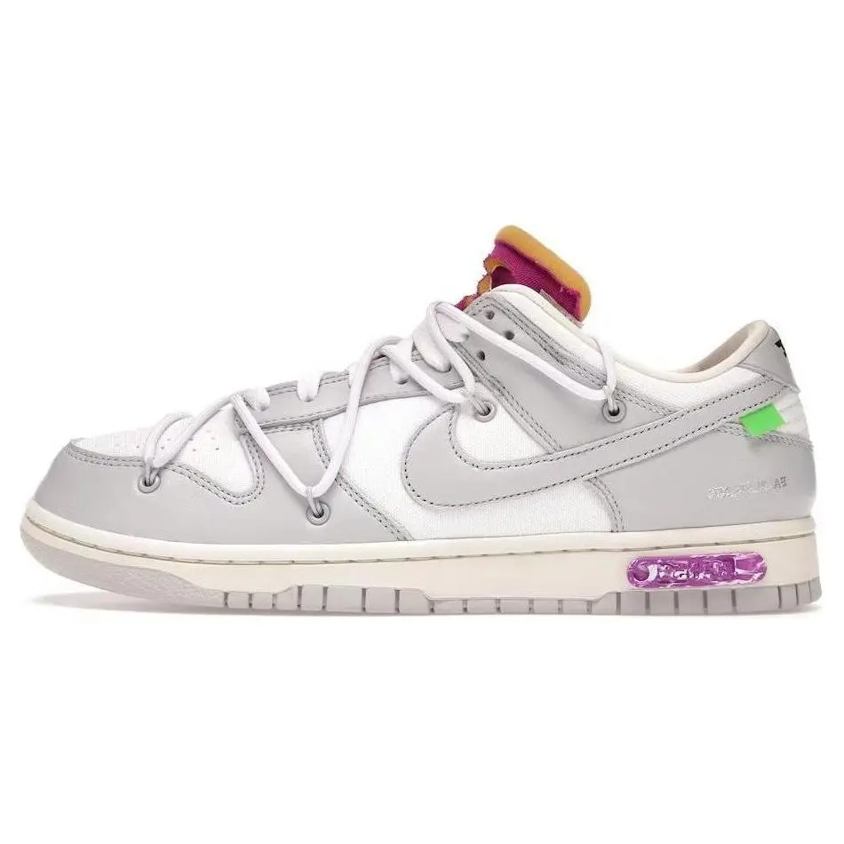 Off-White x Nike Dunk Low Leather Sneakers – Unisex, Slip-Resistant, Cushioned, Durable, Grey-White Verifiable, with credentials and supporting global authentication