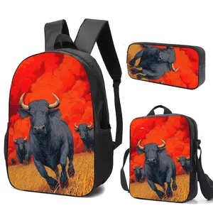 3pcs Set Including Backpack, Pencil Case, and Lunch Bag with Dynamic Bull Print on Fiery Orange Background. Adjustable Straps, Large Capacity, High-definition Printing, Suitable for Daily Use or Outdoor Activities.