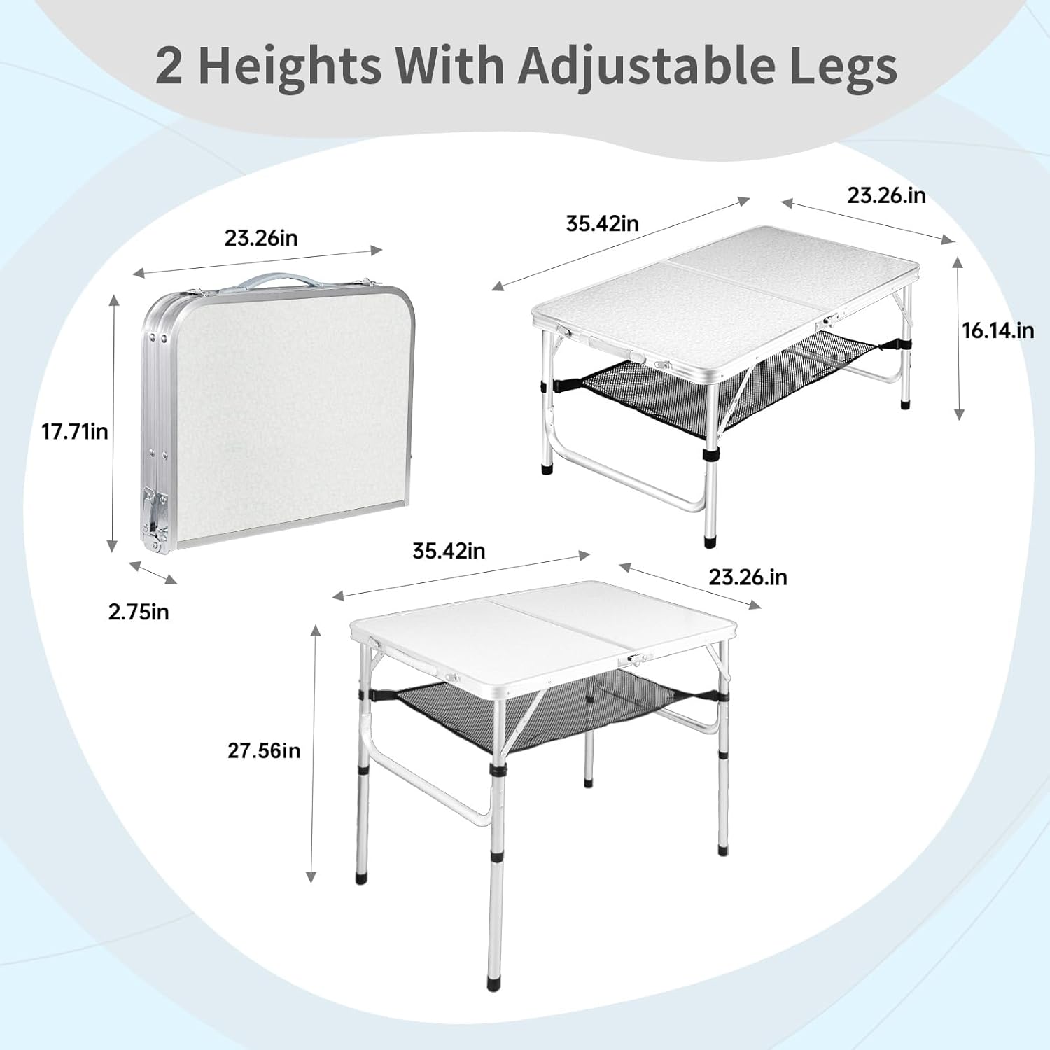 Medium Folding Table,2 Adjustable Height Foldable Table,3Ft Portable Camping Table,Outdoor Folding Table with Net Mesh,Folding Beach Table,White Metal Folding Table for Patio BBQ Backpacking