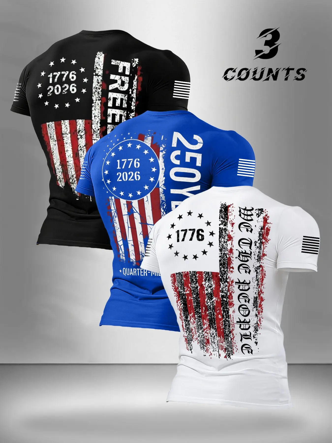 Men's Summer Casual Comfy Streetwear Flag T-Shirt 3-Pack, Classic Vintage American Flag Print, Round Neck Soft Fit, Ideal for Outdoor Daily Wear
