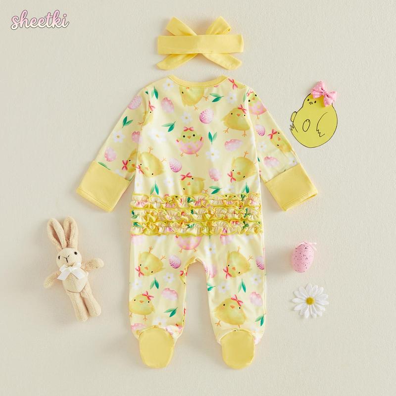 Newborn Baby Girl Easter Outfit Chick Egg Floral Long Sleeve Zip-up Footed Jumpsuit with Headband 2 Piece Spring Set