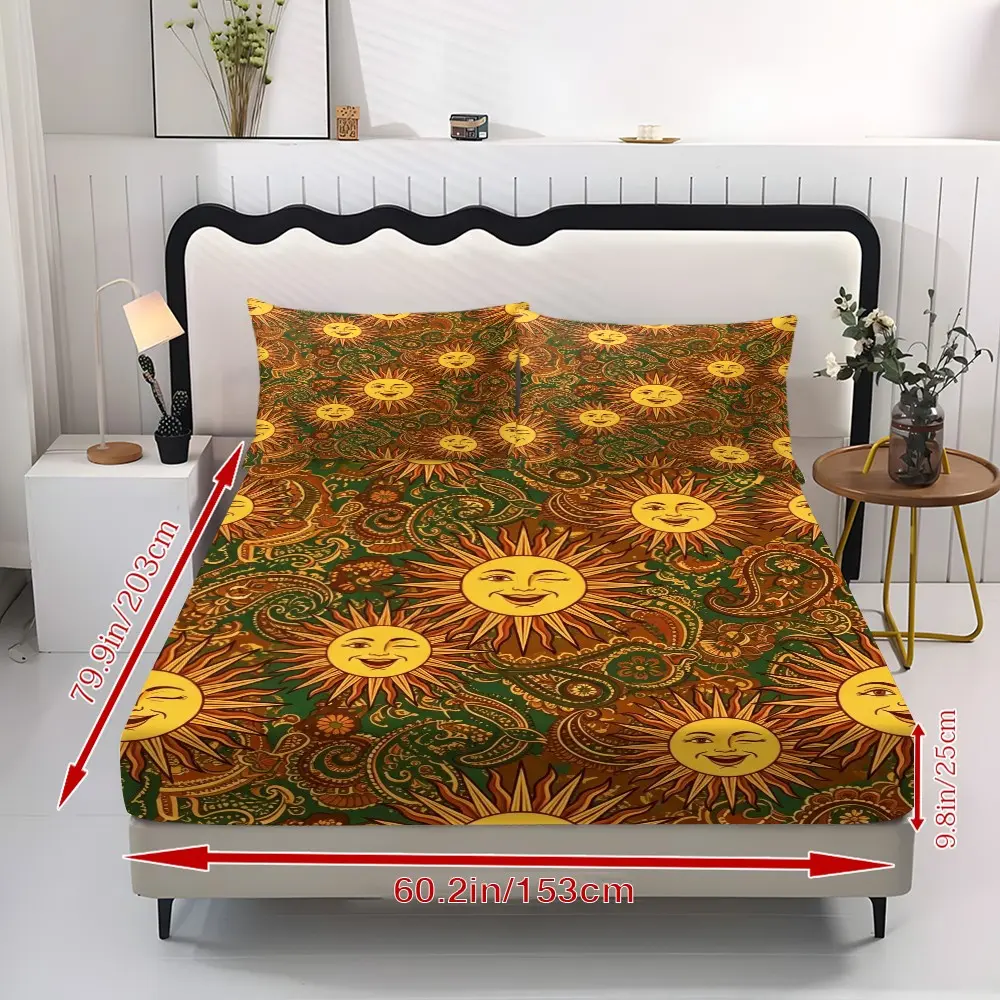 3pcs Retro Bohemian Style Blink Smile Sun Cashew Flower Printed All Inclusive Bed Sheet with Pillowcase 1 Bed Sheet+2 Pillowcases (No Fill) Home Daily Bedroom Rooms Hotel Homestay Universal Boho Floral Bedding