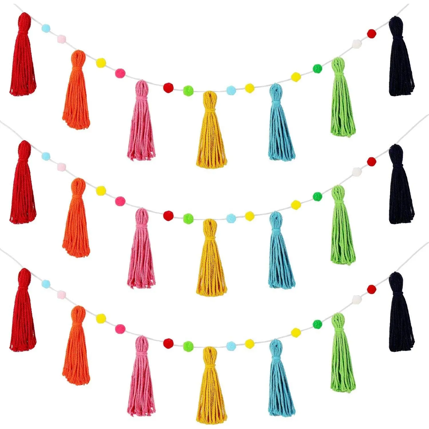 3 Pcs Colorful Pom Pom Tassel Garland Classroom Each 50'' Boho Rainbow Felt Garlands Tassel Banner Birthday Baby Shower Boho Decoration for Nursery Wall Bedroom Home Decor(Rich Colors)