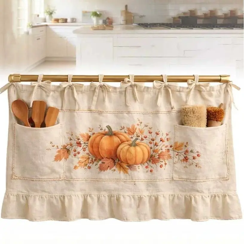 1PC Pumpkin Pattern Oven Skirt Curtain with Pockets, Halloween Farmhouse Kitchen Decor Decorations, Handmade Range Cover with Ribbon Ties and Ruffled Trim, Multi-use Curtain for Ovens, Dishwashers and Washing Machines