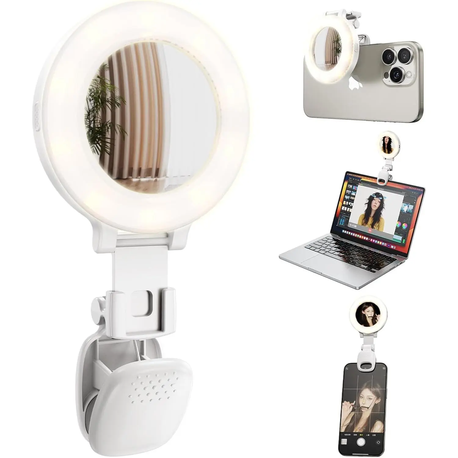 Portable Ring Light for Phone with Mirror, Rechargeable LED | Clip- Selfie Light, 3 Colors 9 Brightness, for  Laptop Webcam, Video Recording Vlogging Makeup, Content Creator