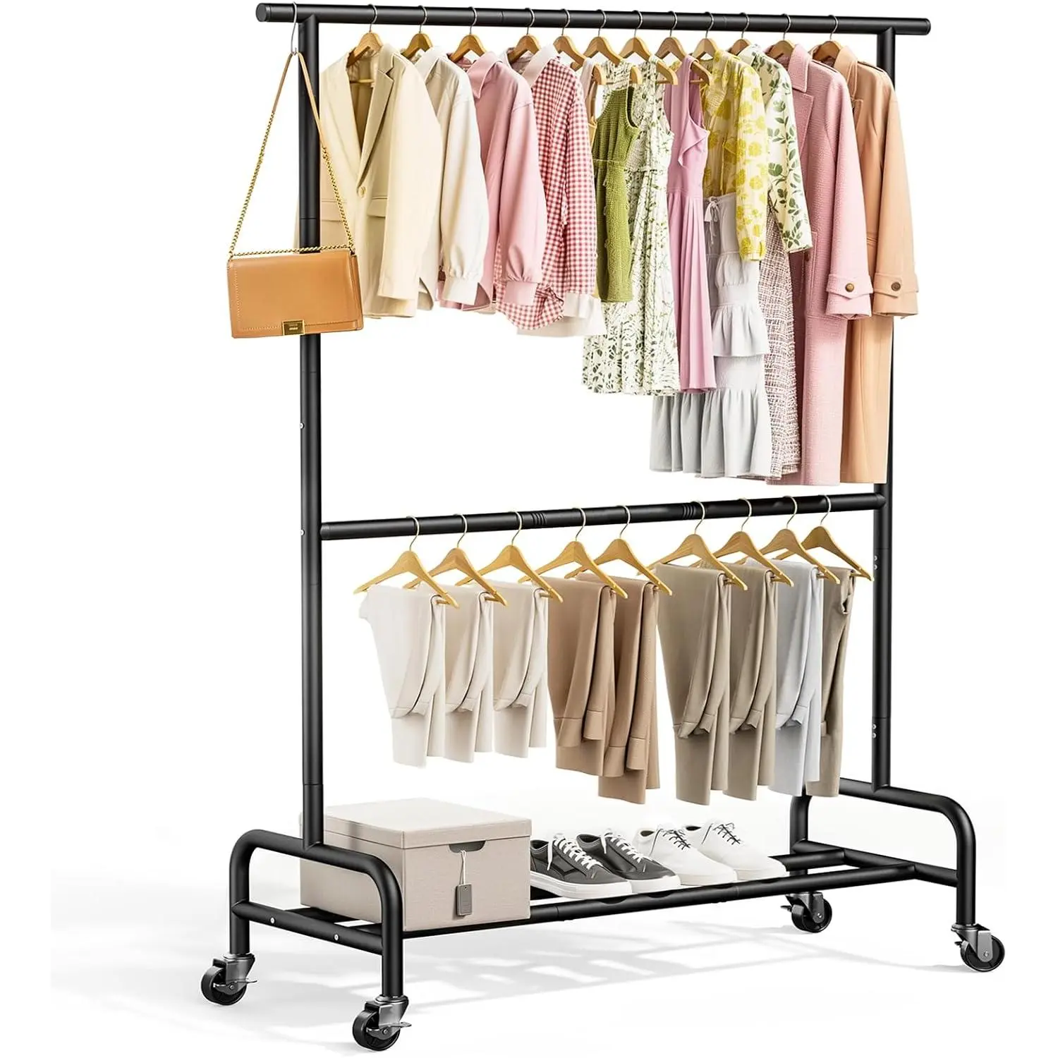2 Tier Rolling Clothes Rack, Heavy-Duty Clothing Rack with Wheels,150LBS Capacity, 43" W X17 D X 75" H Rack for Clothes to Hang, for Bedroom, Living Room, Black, 2026 NEW