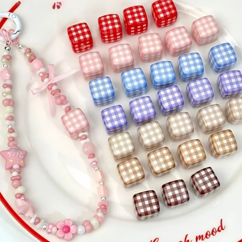 10PCS Multicolor Gingham Plaid Acrylic Cube Beads, Square Loose Beads for DIY Bracelet Keychain Beadable Pen Jewelry Craft Making