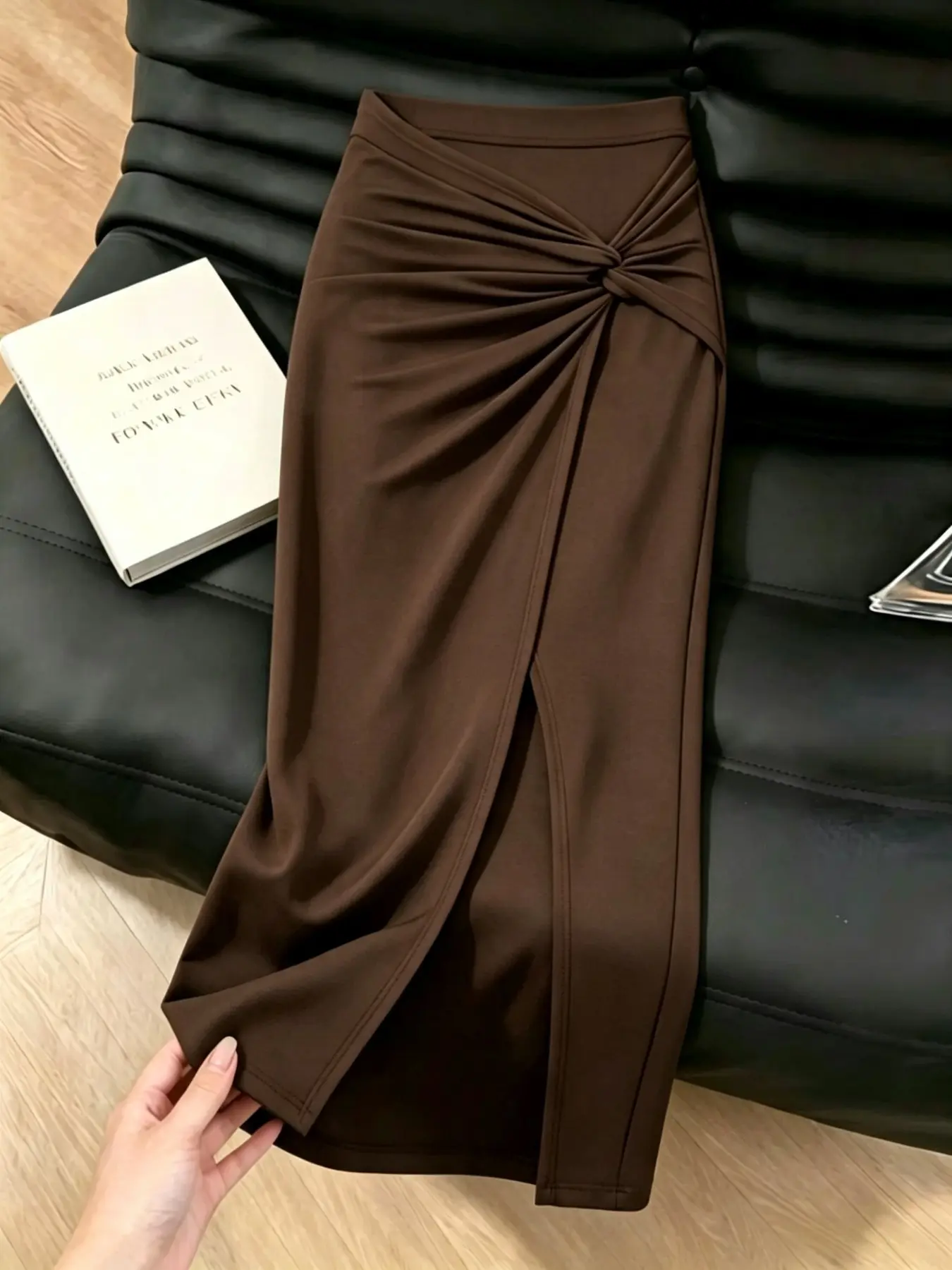 Design Sensational Knot Pleated Midi Skirt, High Waist Slimming Split A-Line Dress, Soft Stretch Fabric Office Wear Half-Length Skirt