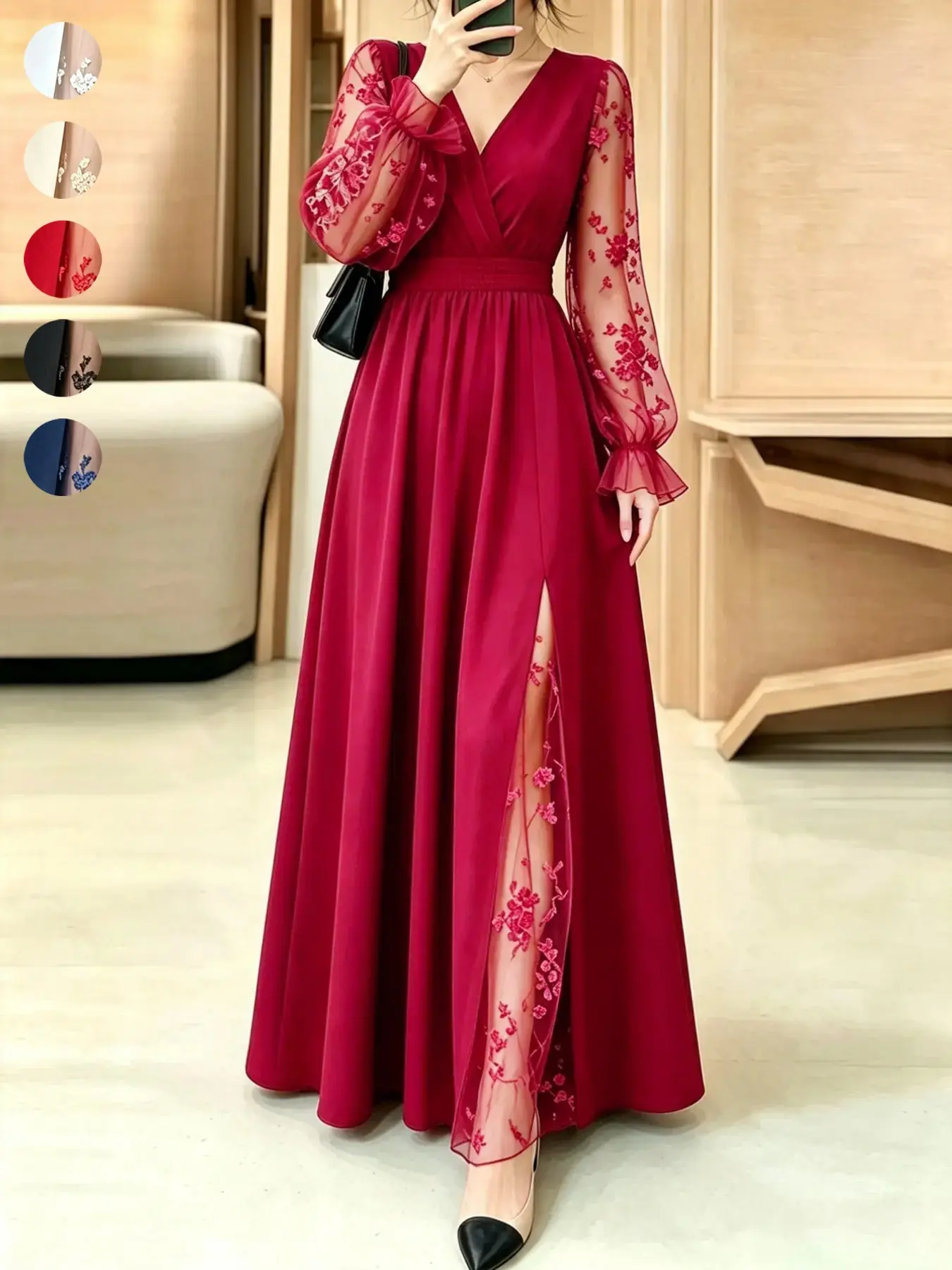 Luxurious Long Dress, Base with Lace Embroidery, V-Neck Waist Cinch, Back Tie Detail, Flowing Skirt, Elegant and Chic