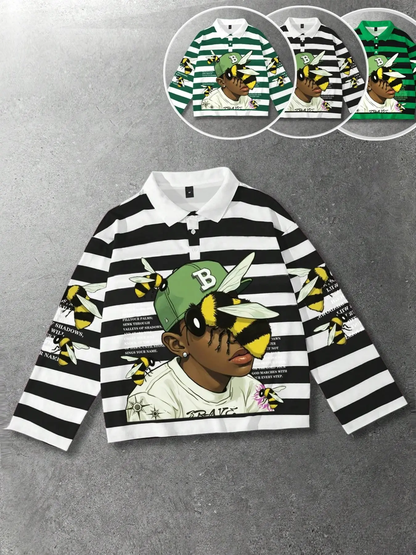 Green and white striped polo long sleeved men's T-shirt with rap bee print pattern and striped polo collar long sleeved shirt for European and American street life, unisex long T-shirt in ins style Oversize